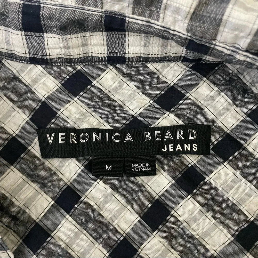 Veronica Beard Navy and White Plaid Ruched -Sleeve Blouse